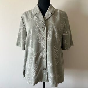 Vintage Floral Blouse Sage Green Button-Up Cottagecore Blouse